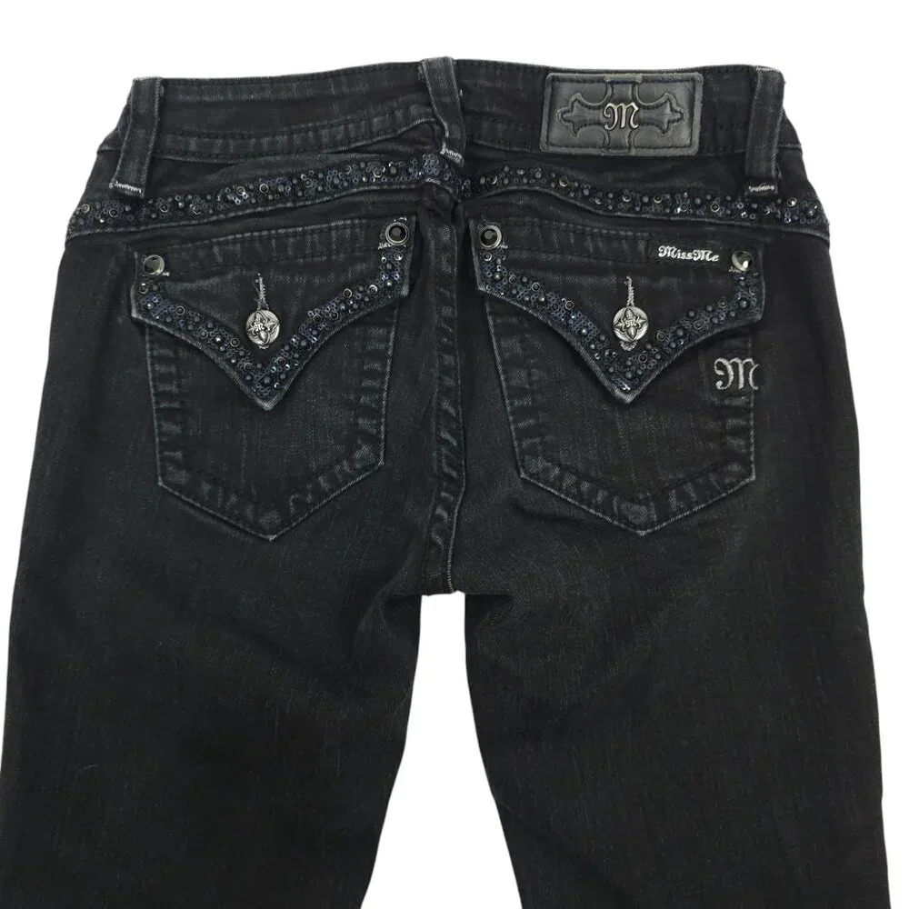 Miss Me Jeans Mid Rise Skinny Black Size 27 Stretch Studs Rhinestones Sequins - Picture 5 of 16